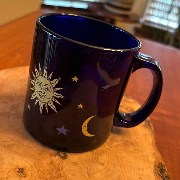 Vintage Libbey Cobalt Blue Celestial Sun Moon & Stars Mug - Picture 1 of 8